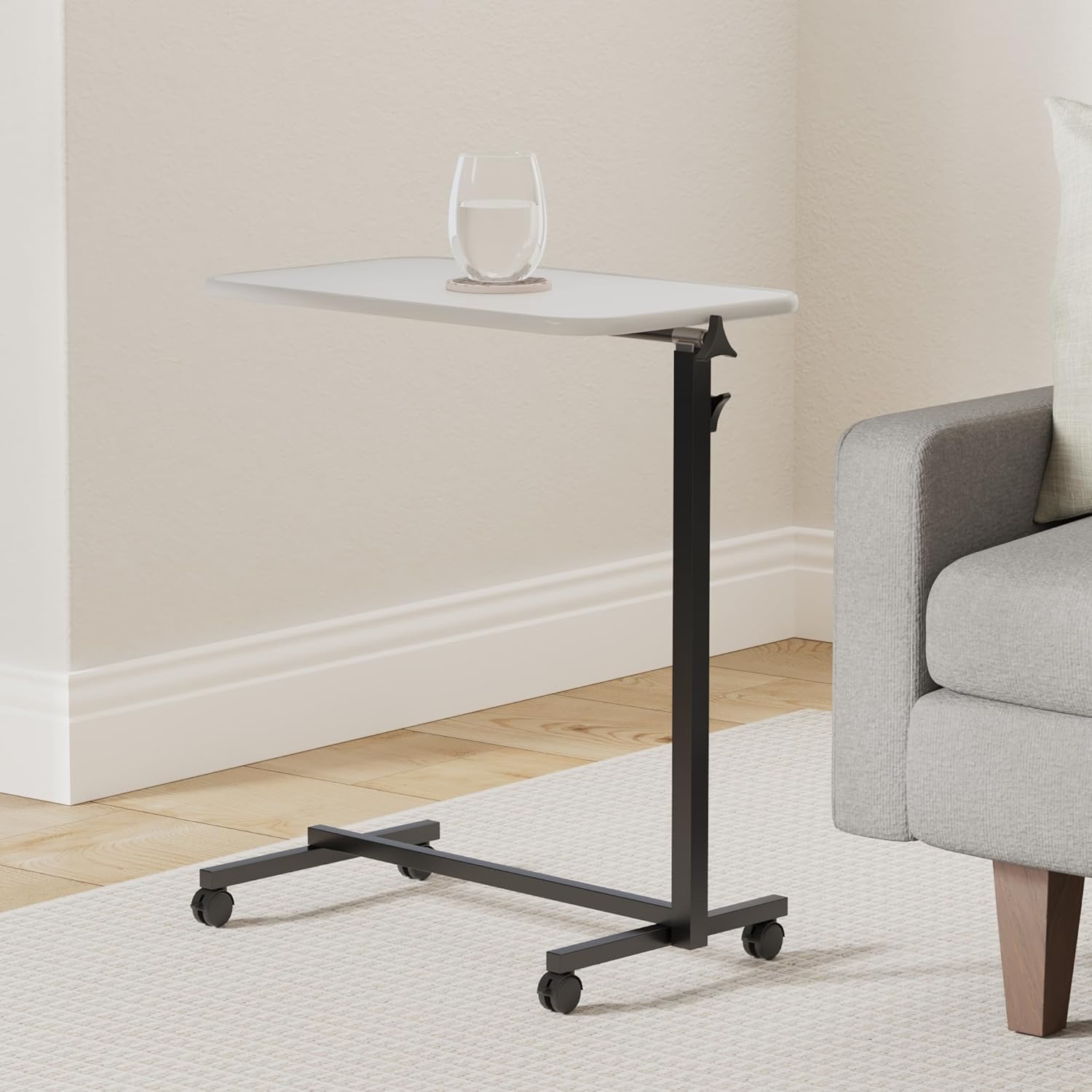 Vive Overbed Hospital Bed Table with Adjustable Height Tilt Tray and Locking Wheels

