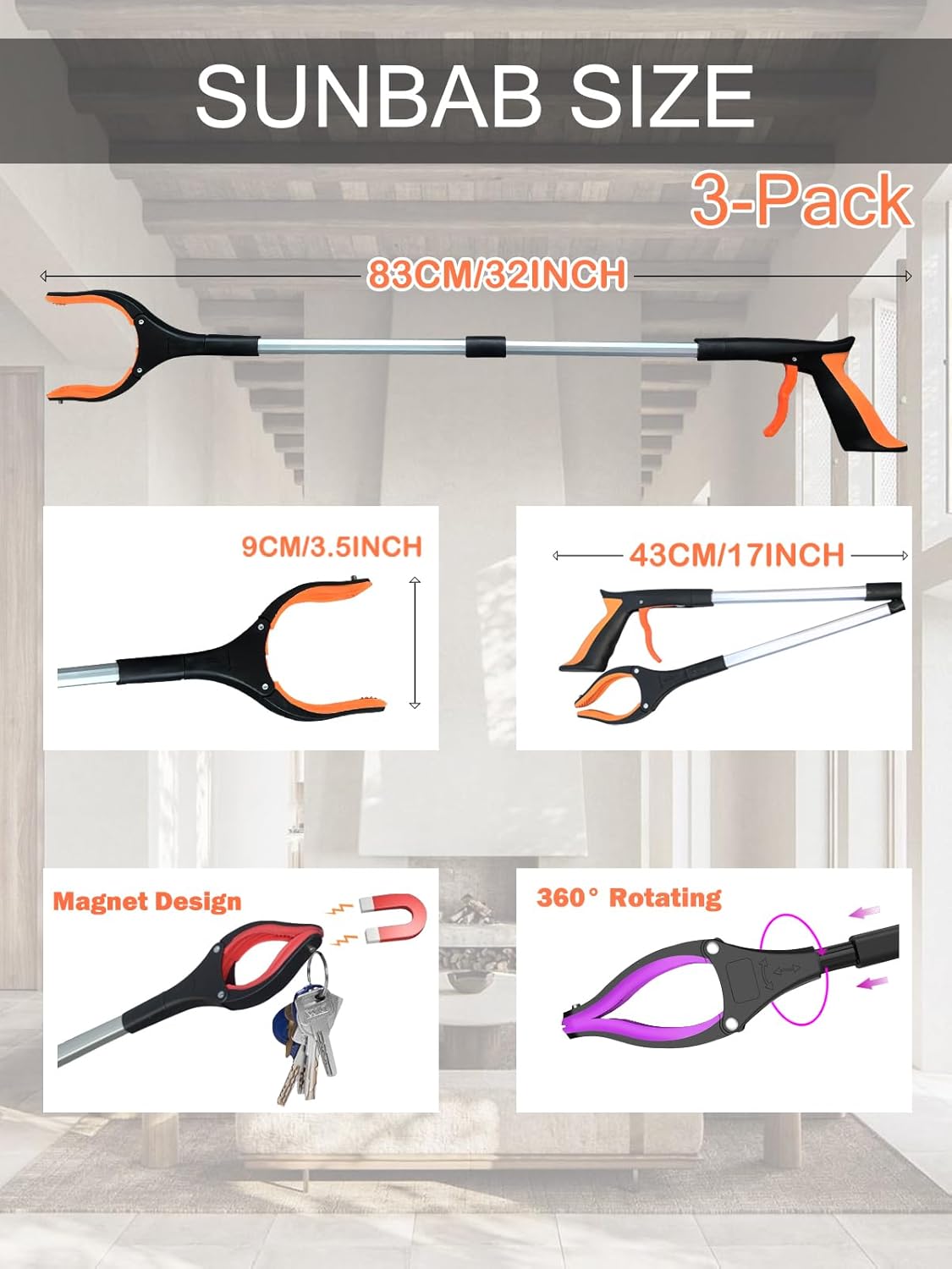 Grabber Reacher Tool Foldable Pick-Up Stick with Magnetic 360° Swivel Jaw

