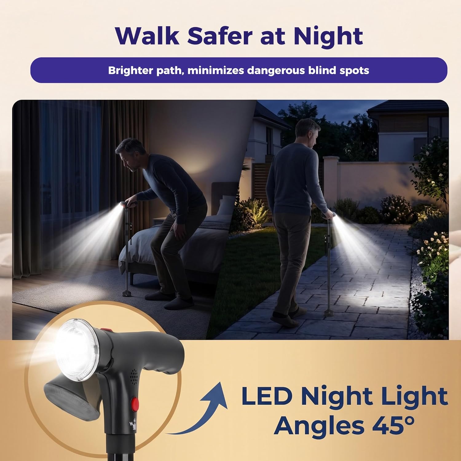 TIRAROME 3-in-1 Folding Walking Cane with SOS Alarm and LED Light, Adjustable

