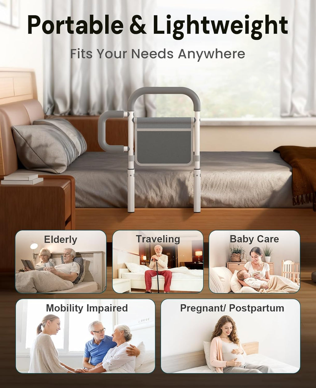 ONTHEWEI Bed Rails for Elderly Adults Safety, Dual Non-Slip Handle, Storage Pouch

