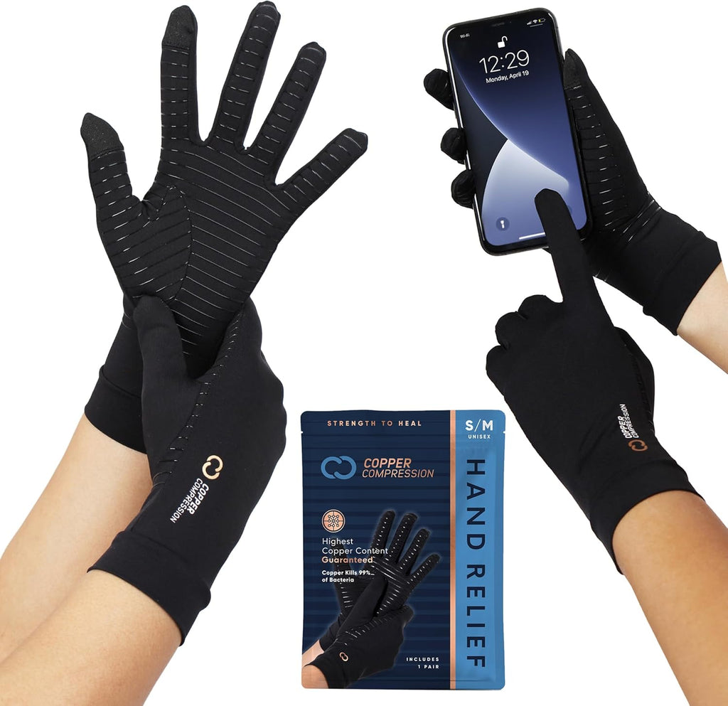 Copper Compression Arthritis Compression Full Finger Gloves with Touchscreen Fingertips

