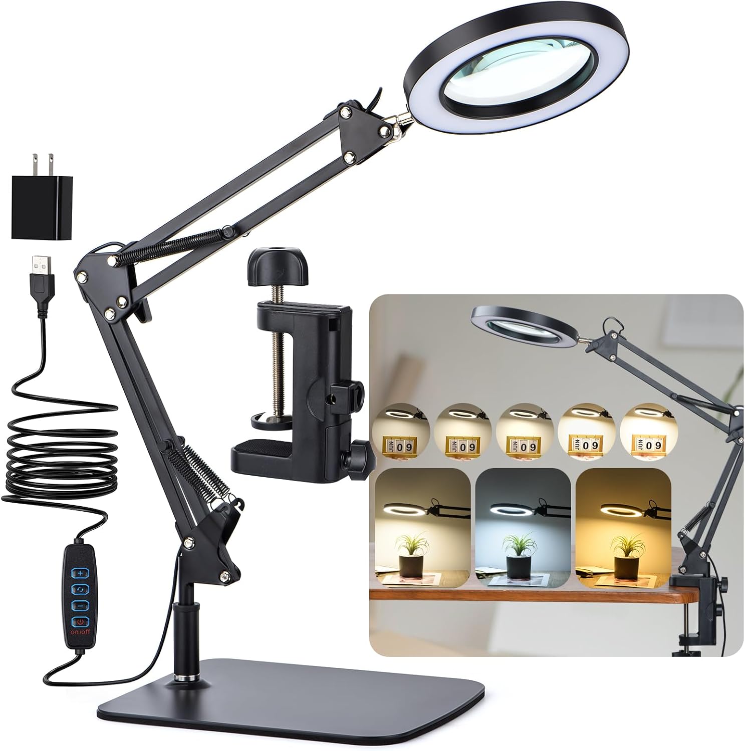 LED Magnifier Desk Lamp with Light, 5-Diopter Glass Lens, Adjustable Swivel Arm

