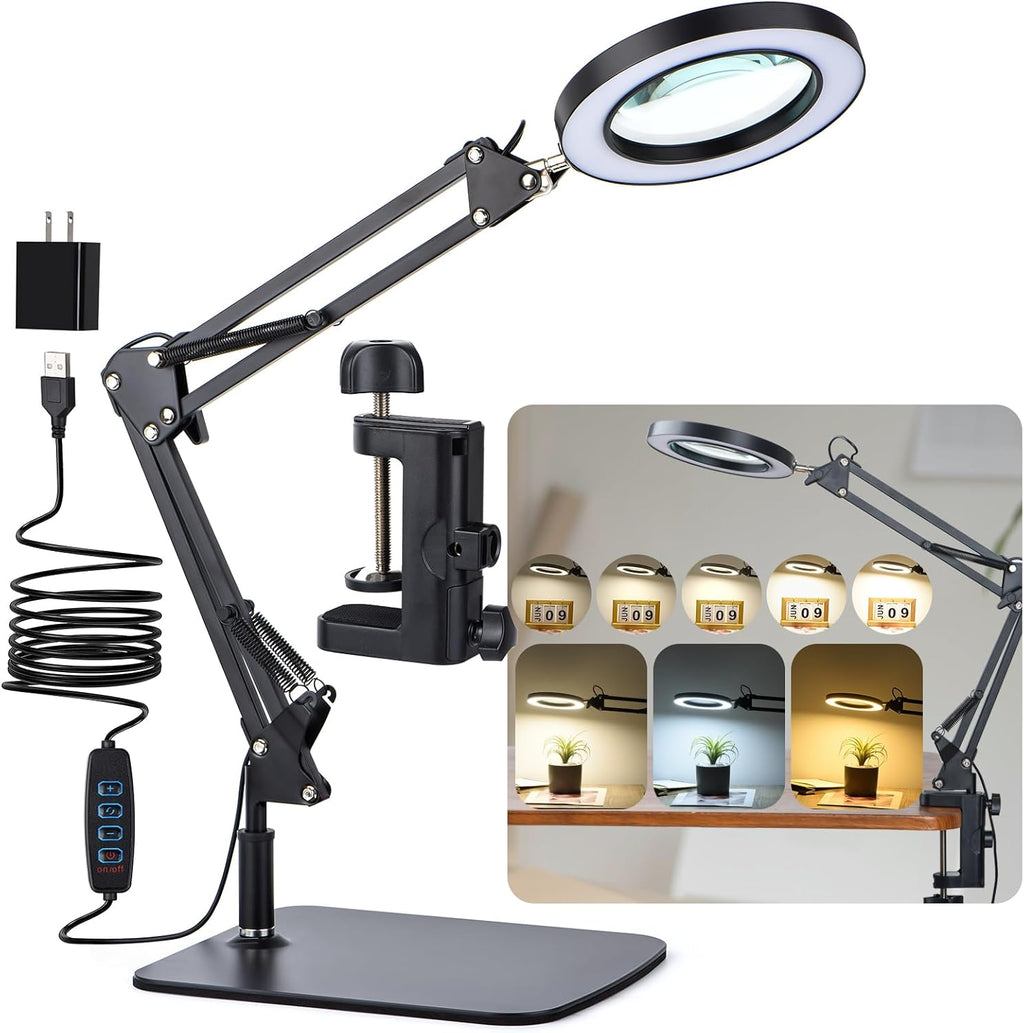 LED Magnifier Desk Lamp with Light, 5-Diopter Glass Lens, Adjustable Swivel Arm

