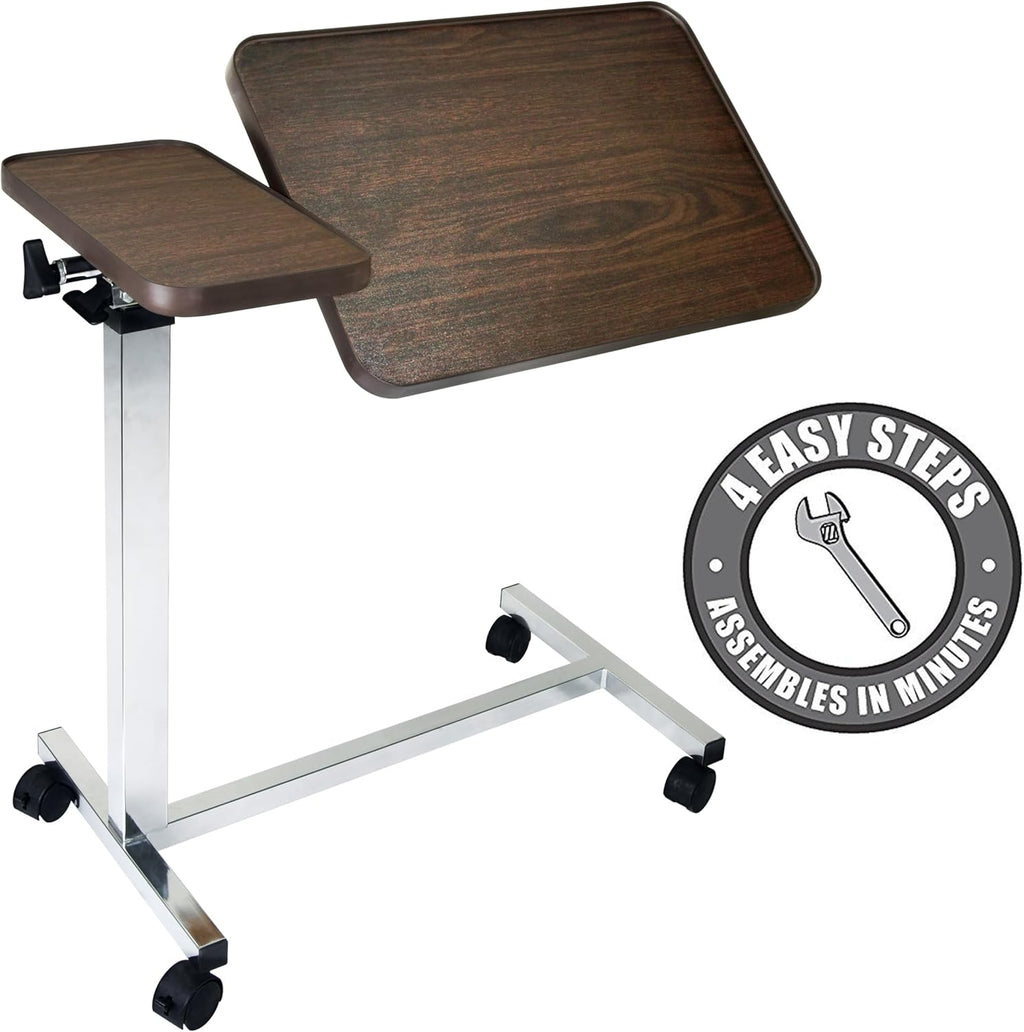 Vaunn Medical Pneumatic Adjustable Tilt Overbed Bedside Table with Wheels

