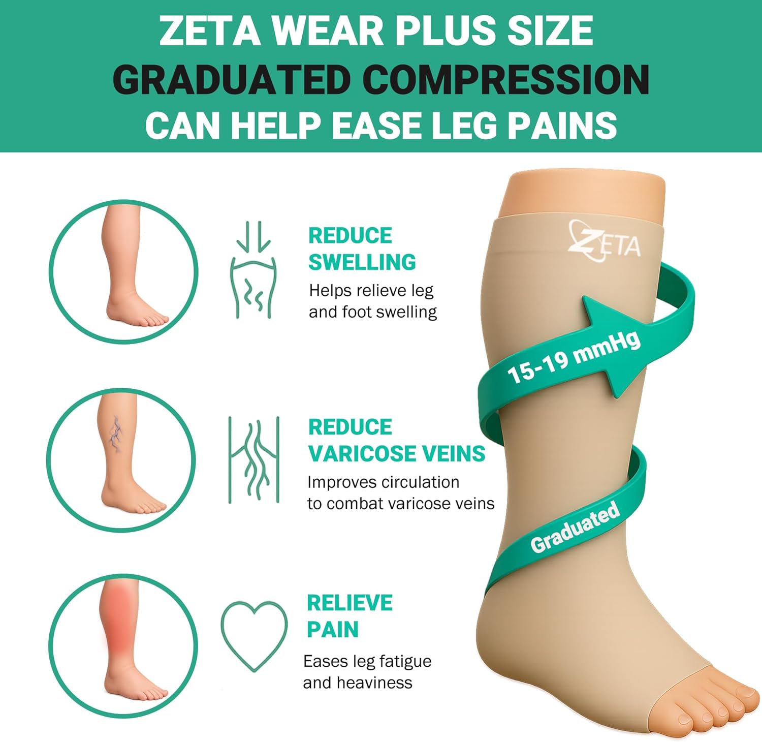 Zeta Wear Wide Calf Compression Socks Knee-High 15–19 mmHg Graduated Support

