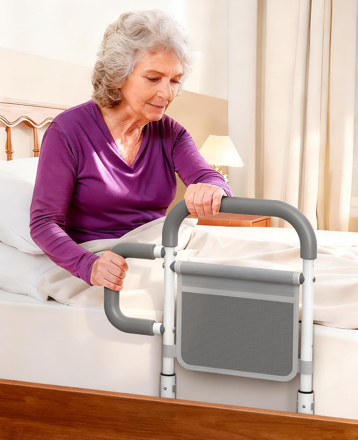 ONTHEWEI Bed Rails for Elderly Adults Safety, Dual Non-Slip Handle, Storage Pouch

