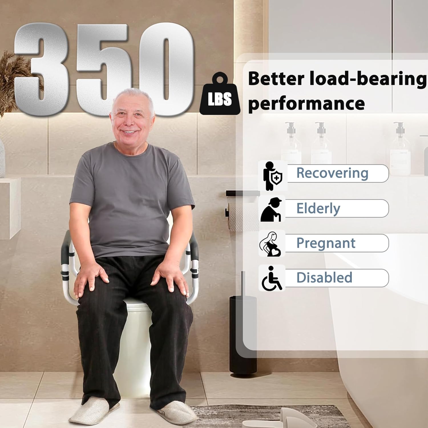 Toilet Safety Rail Grab Bar with Adjustable Width for Toilet Seat, 350 lb

