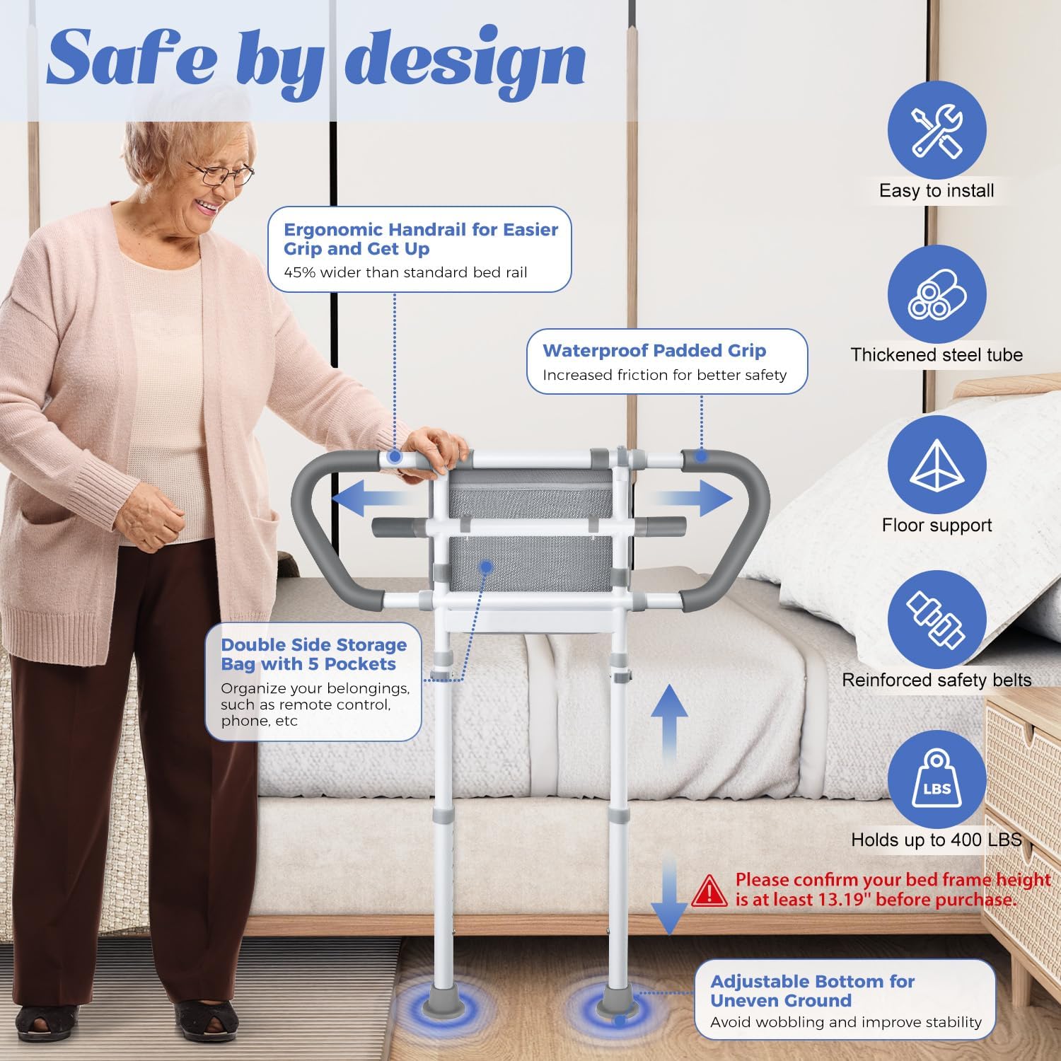 Bed Assist Rail with Storage Pouch, Height-Adjustable Stainless Steel Bed Rails

