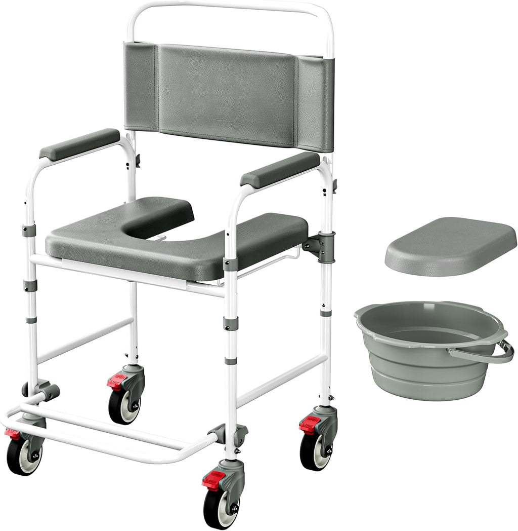 Bedside Commode with Wheels, Shower Wheelchair Potty Chair, 300 lb Weight Capacity

