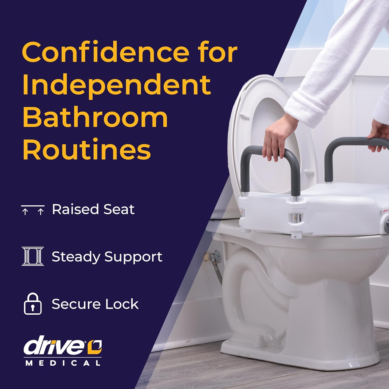 Drive Medical 2-in-1 Raised Toilet Seat with Removable Padded Arms, 5in Lift, Locking

