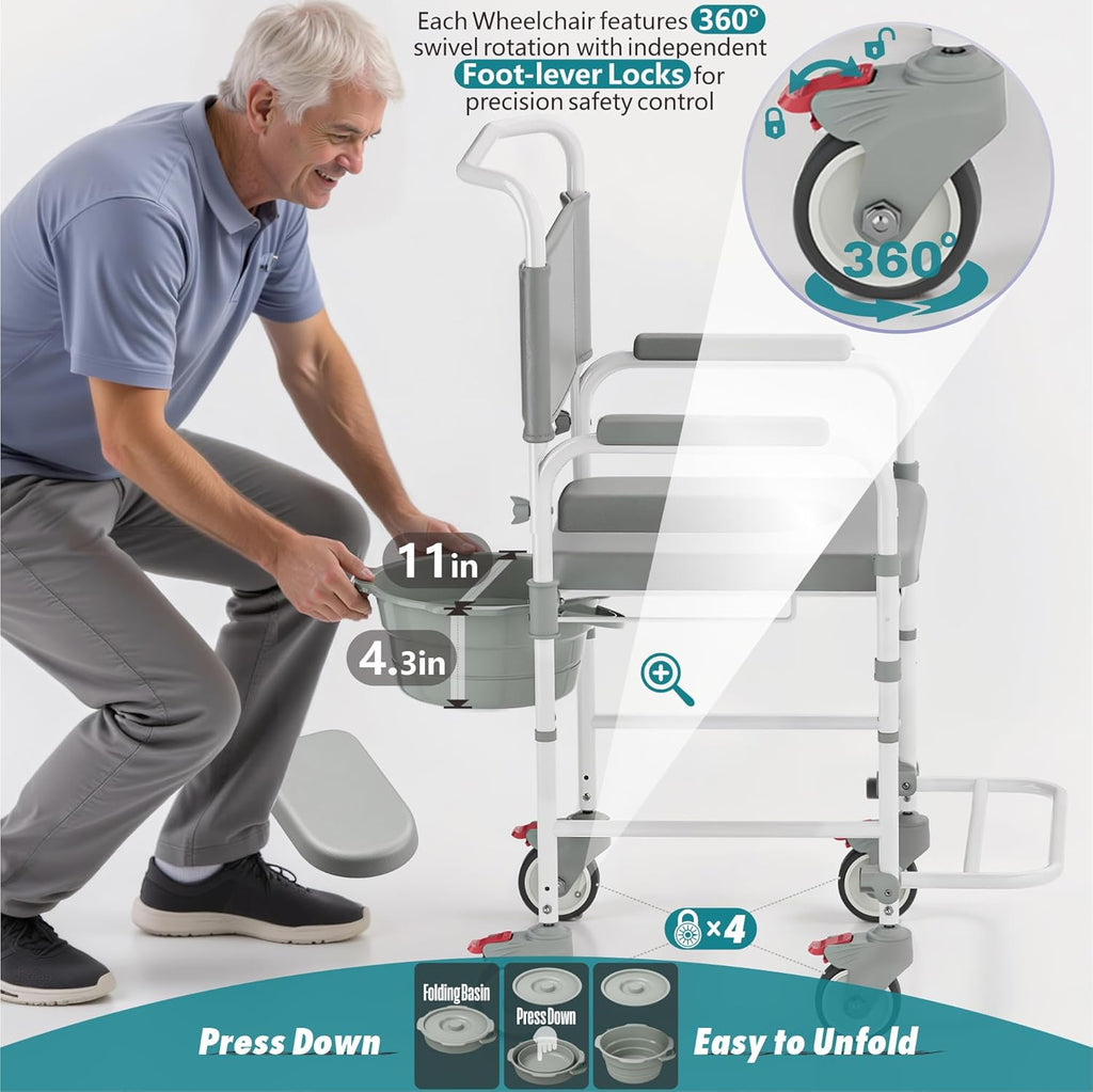Bedside Commode with Wheels, Shower Wheelchair Potty Chair, 300 lb Weight Capacity

