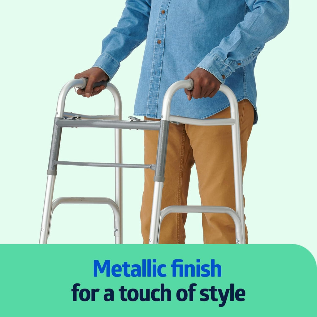 Medline Lightweight Two-Button Folding Walker with 5" Wheels, Aluminum Frame, 300 lb

