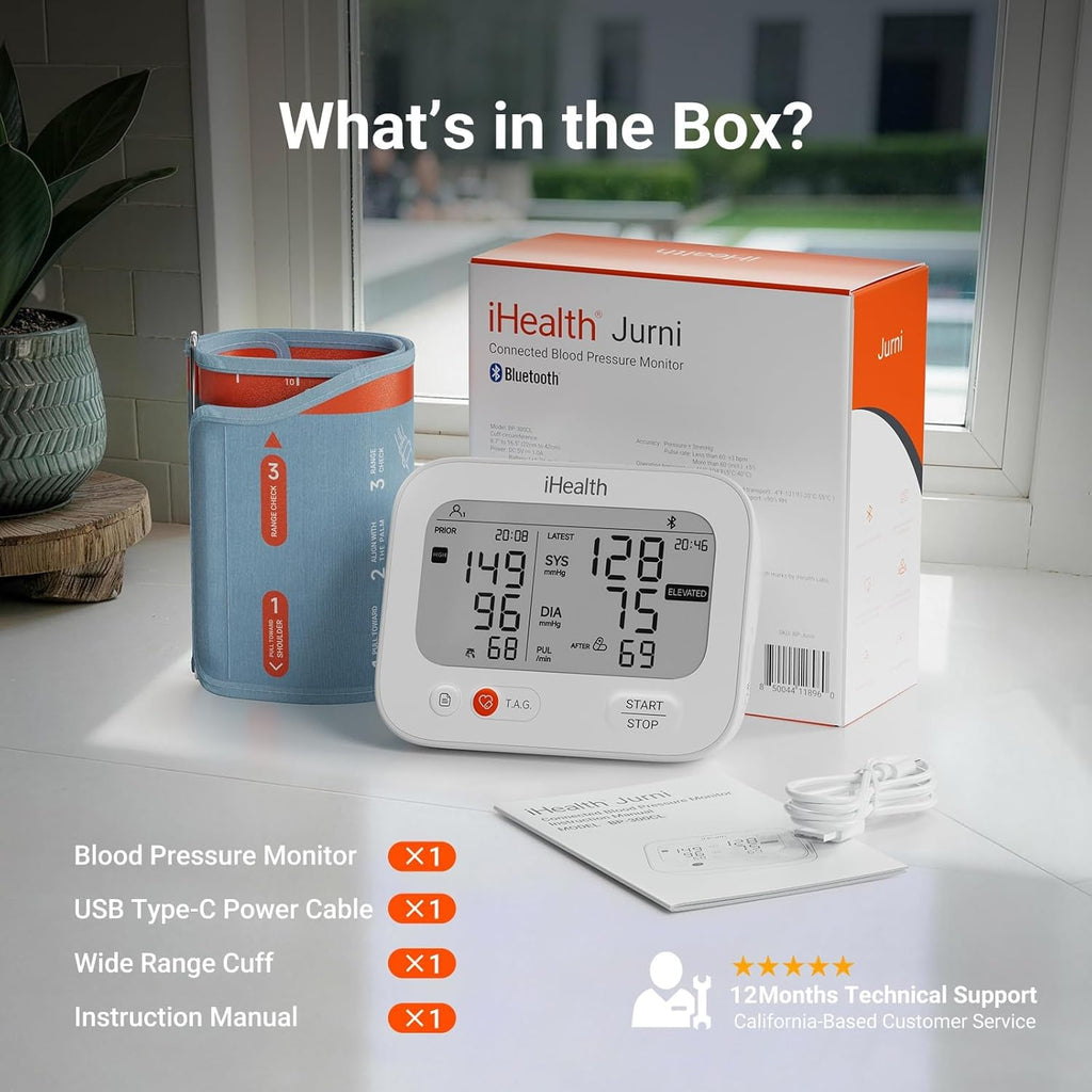 iHealth Jurni Smart Upper Arm Blood Pressure Monitor, Rechargeable Dual Display

