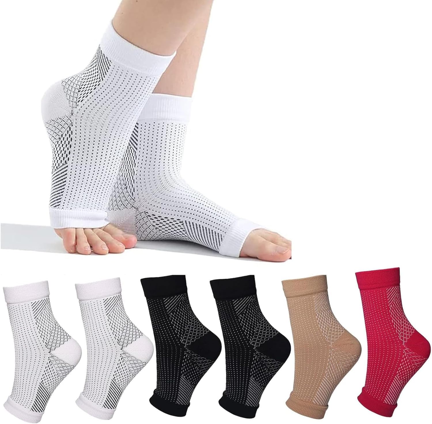 Neuropathy Compression Socks for Women, 6 Pairs, Ankle Brace & Plantar Relief

