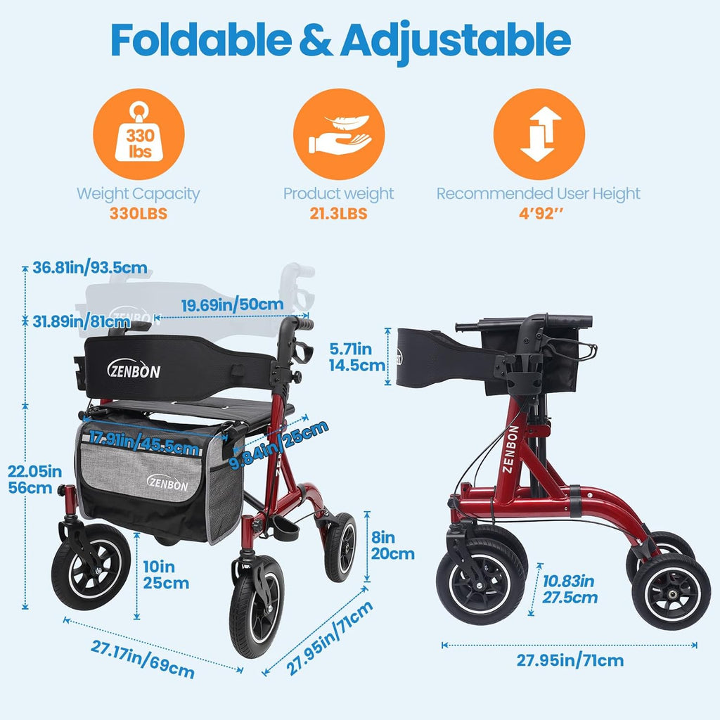 Foldable Rollator Walker with Seat, Adjustable Aluminum Mobility Aid, 330 lb Capacity

