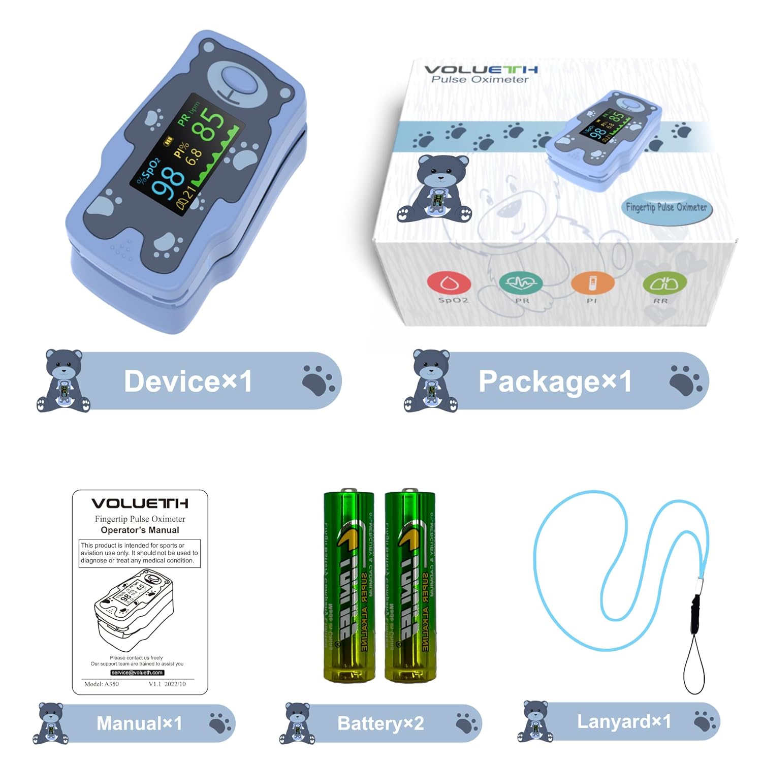 VOLUETH Kids Finger Pulse Oximeter OLED SpO2 Heart Rate Respiratory Rate

