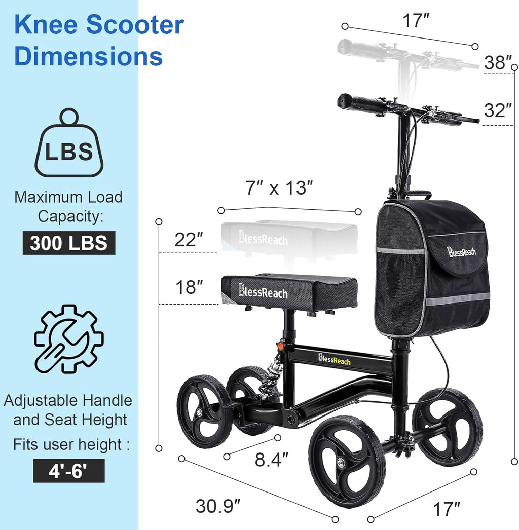 BlessReach Knee Scooter Walker Foldable Steerable Dual Handbrake Height Adjustable

