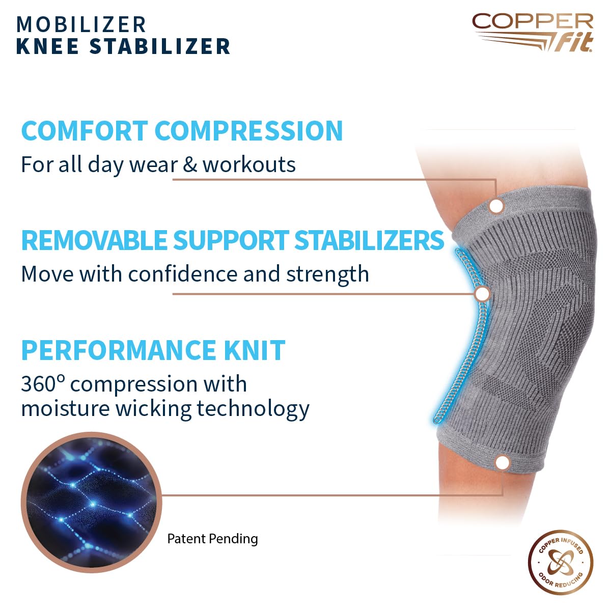 Copper Fit Mobilizer Knee Sleeve ProSeries with Removable Side Stabilizers Knee Support for Recovery Relief

