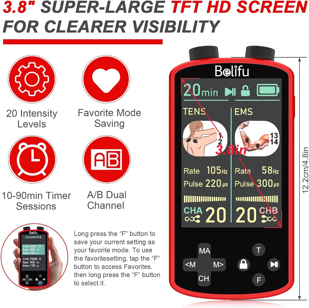 Belifu TENS EMS Muscle Stimulator for Pain Relief Therapy, 4-in-1

