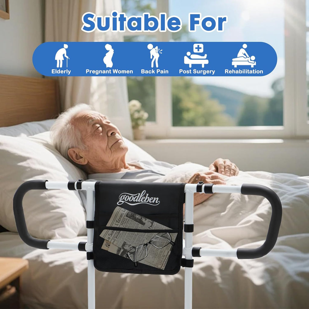 Bed Assist Rail for Seniors Safety, Floor Support, Non-Slip Handle, Storage Pocket

