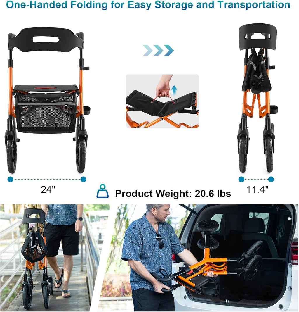 MAXWALK Rollator Walker with Seat, Tall All-Terrain 12-inch Rubber Wheels, Foldable

