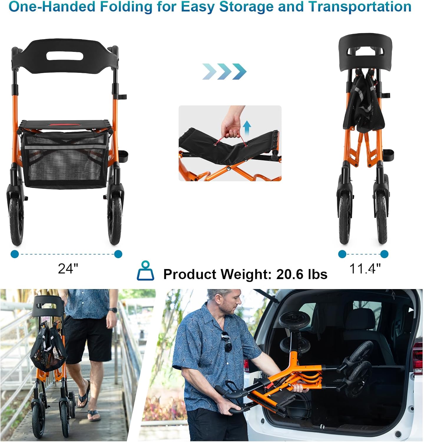 MAXWALK Rollator Walker with Seat, Tall All-Terrain 12-inch Rubber Wheels, Foldable

