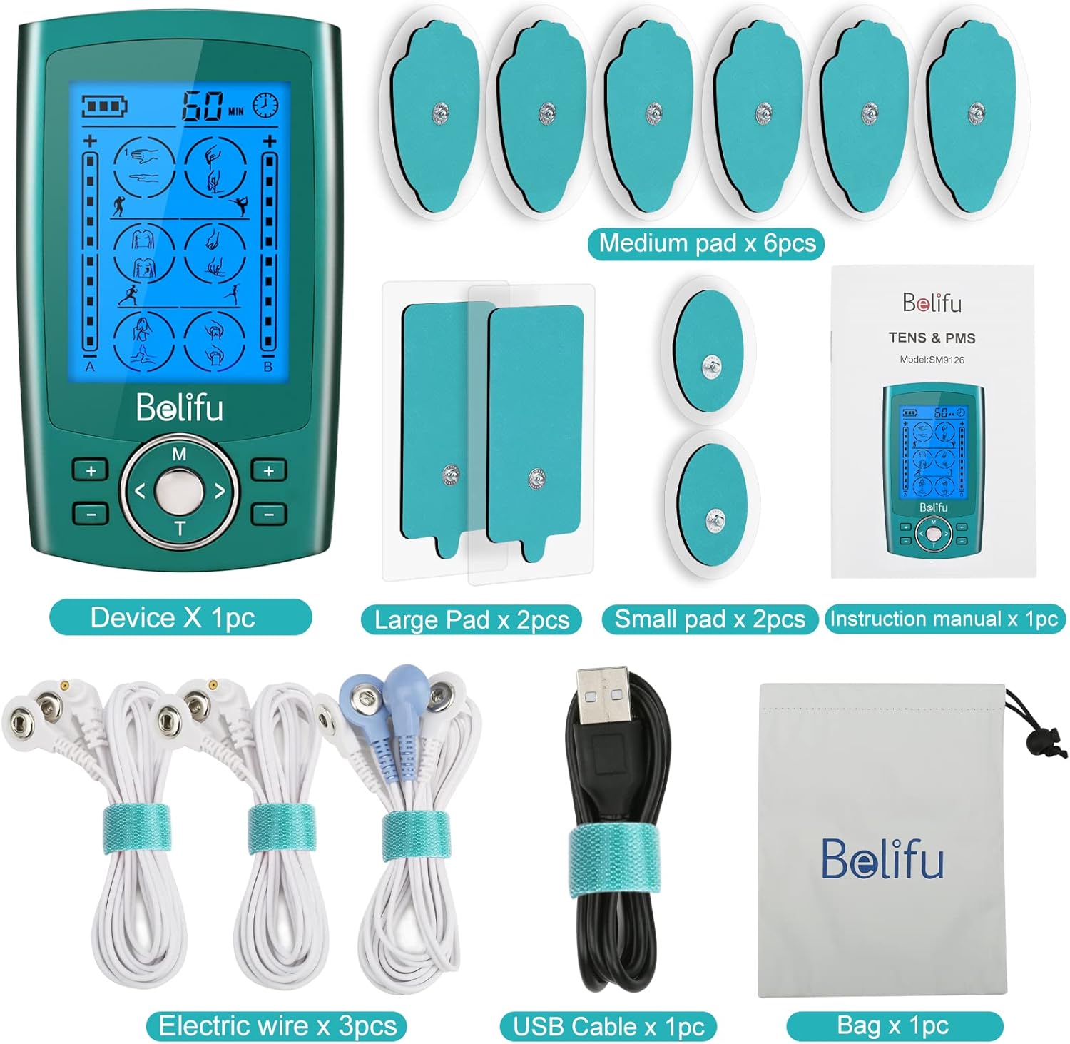 Belifu Dual Channel TENS EMS Unit Muscle Stimulator 24 Modes Electronic Pulse Massager

