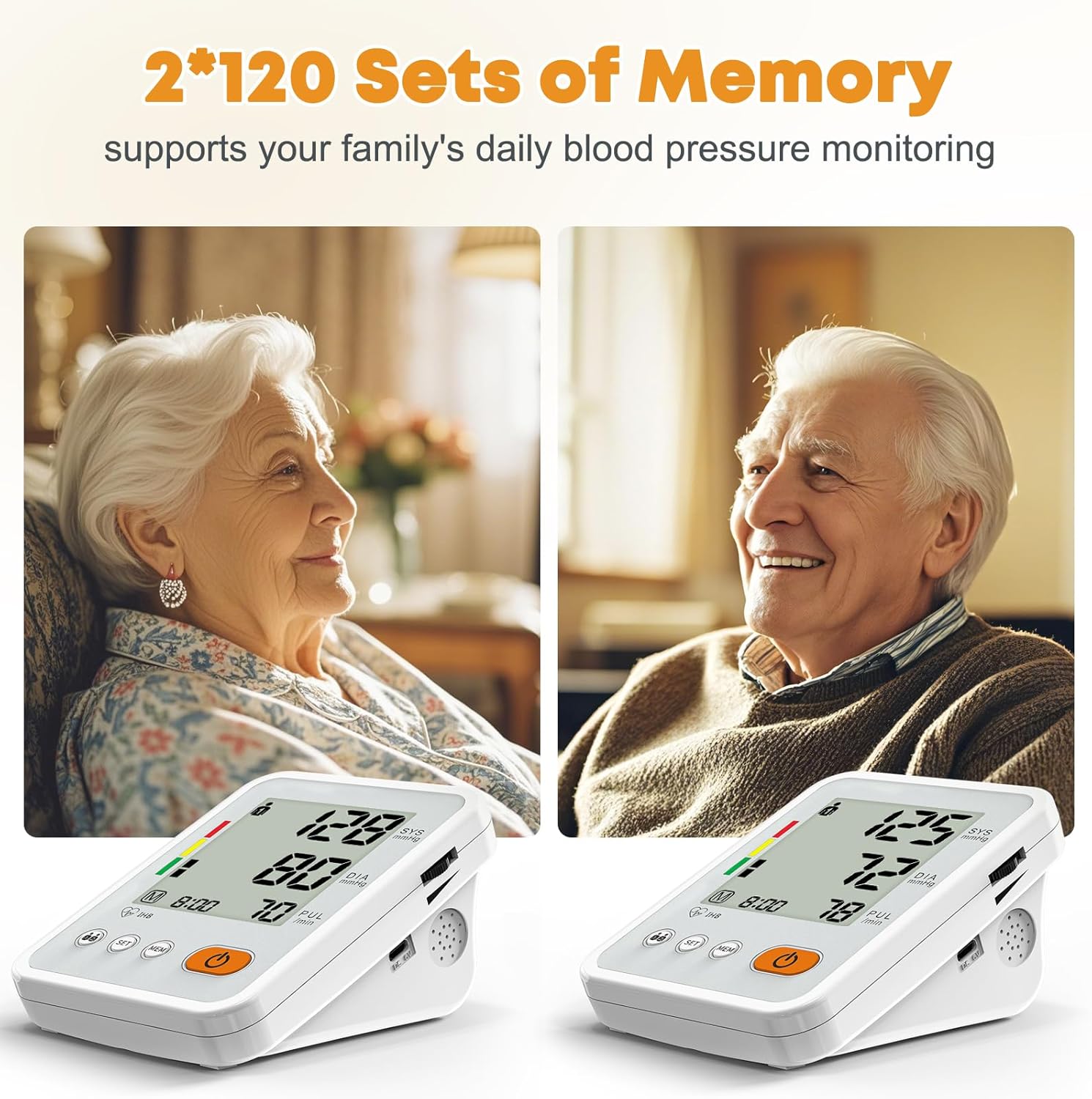 Blood Pressure Monitor for Home Use with Two Upper Arm Cuffs and Memory

