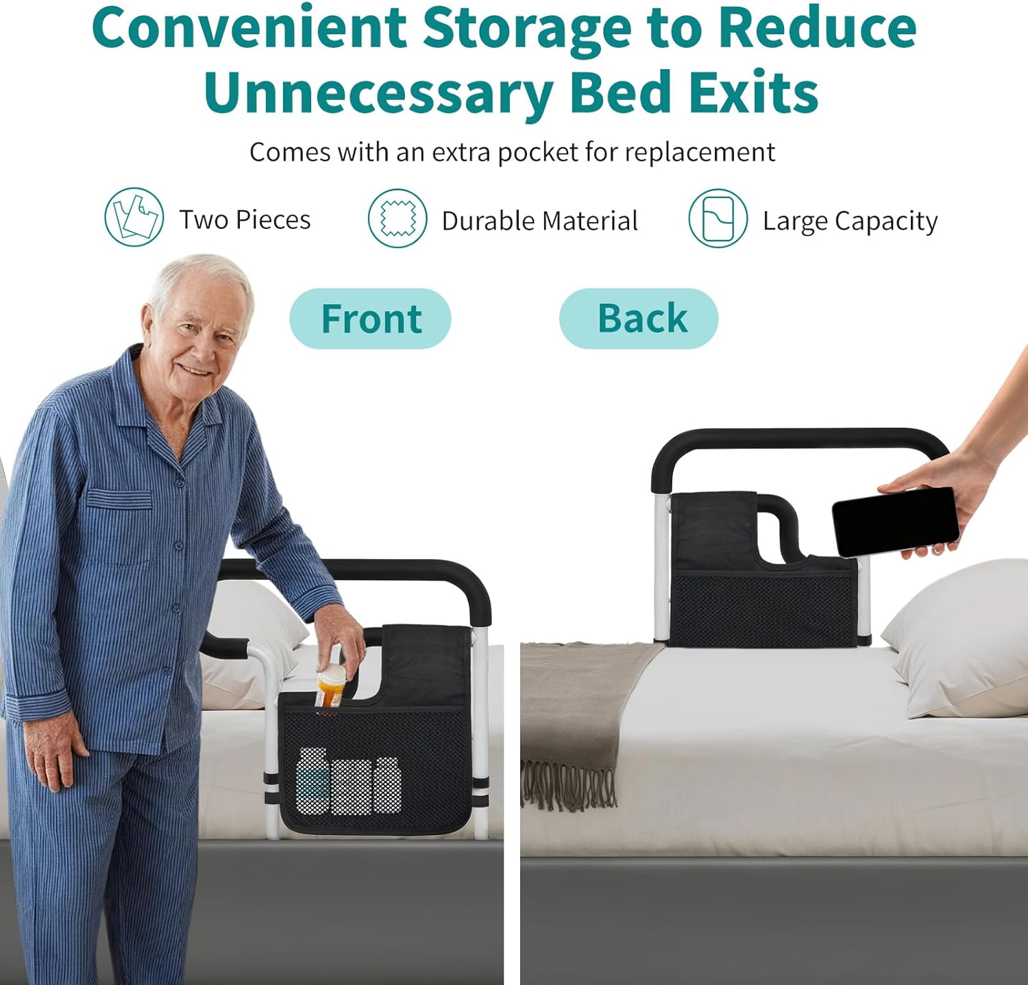 Bed Rails for Elderly Adults Safety Adjustable Bed Assist Rail with Storage Pockets


