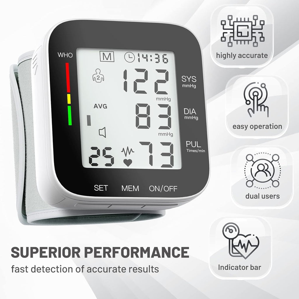 Automatic Wrist Blood Pressure Monitor, Large LCD Display, Voice and 99 Memory

