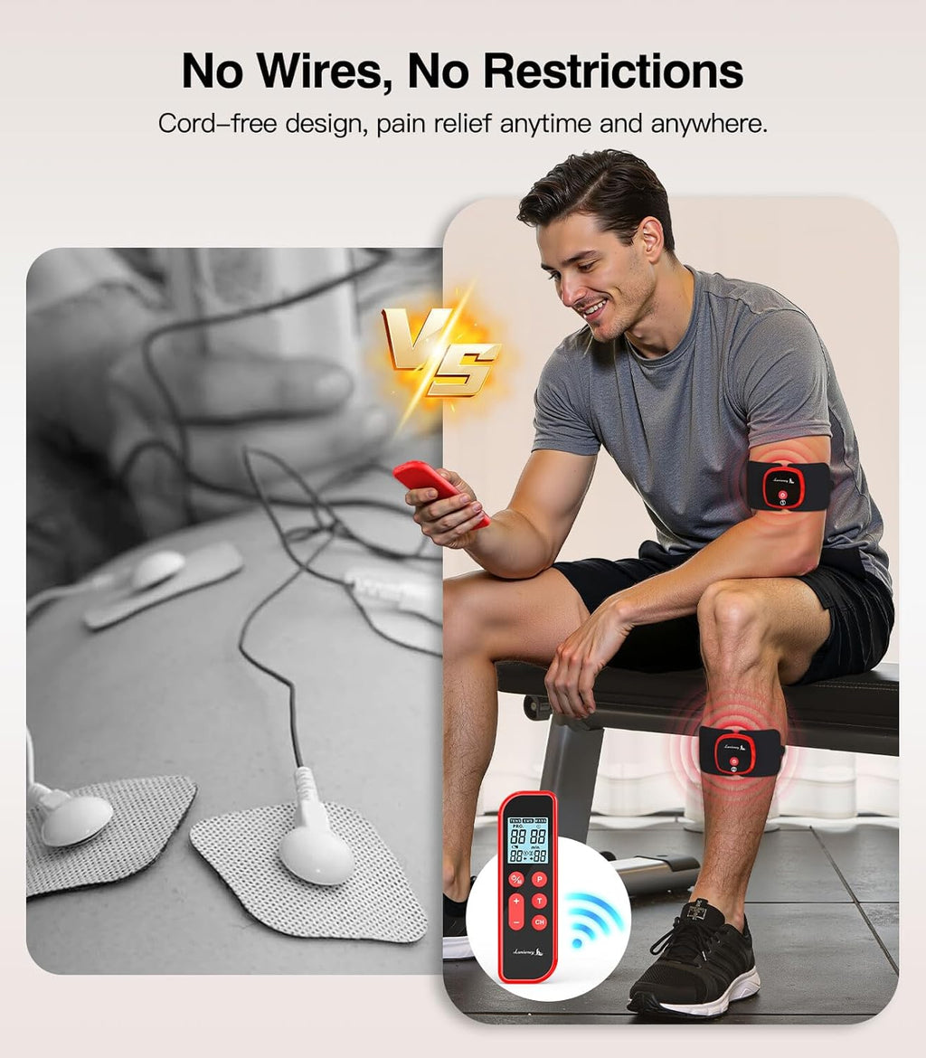 Wireless Dual Channel TENS EMS Muscle Stimulator with Remote, Rechargeable Pads

