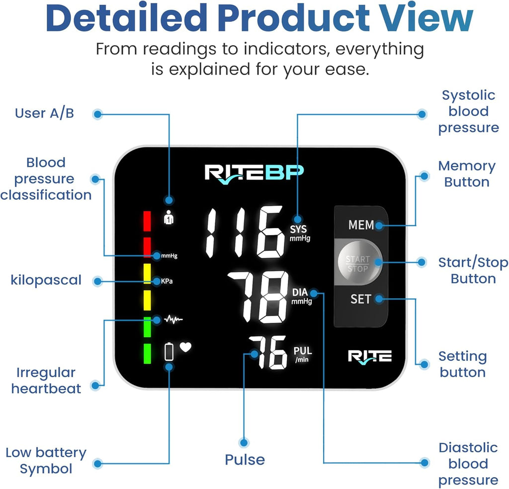 RiteBP Upper Arm Digital Blood Pressure Monitor, USB Type-C Rechargeable

