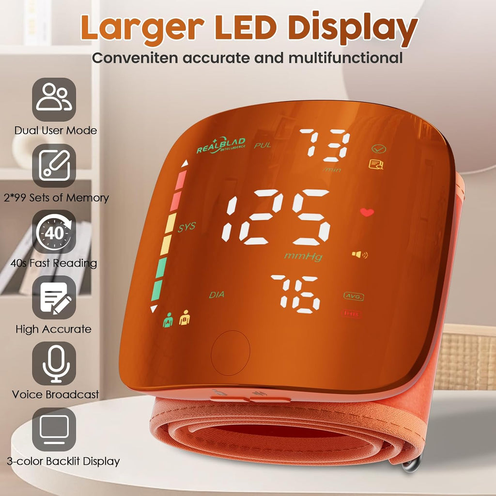 Rechargeable Wrist Blood Pressure Monitor with LED Touch Screen Adjustable Cuff

