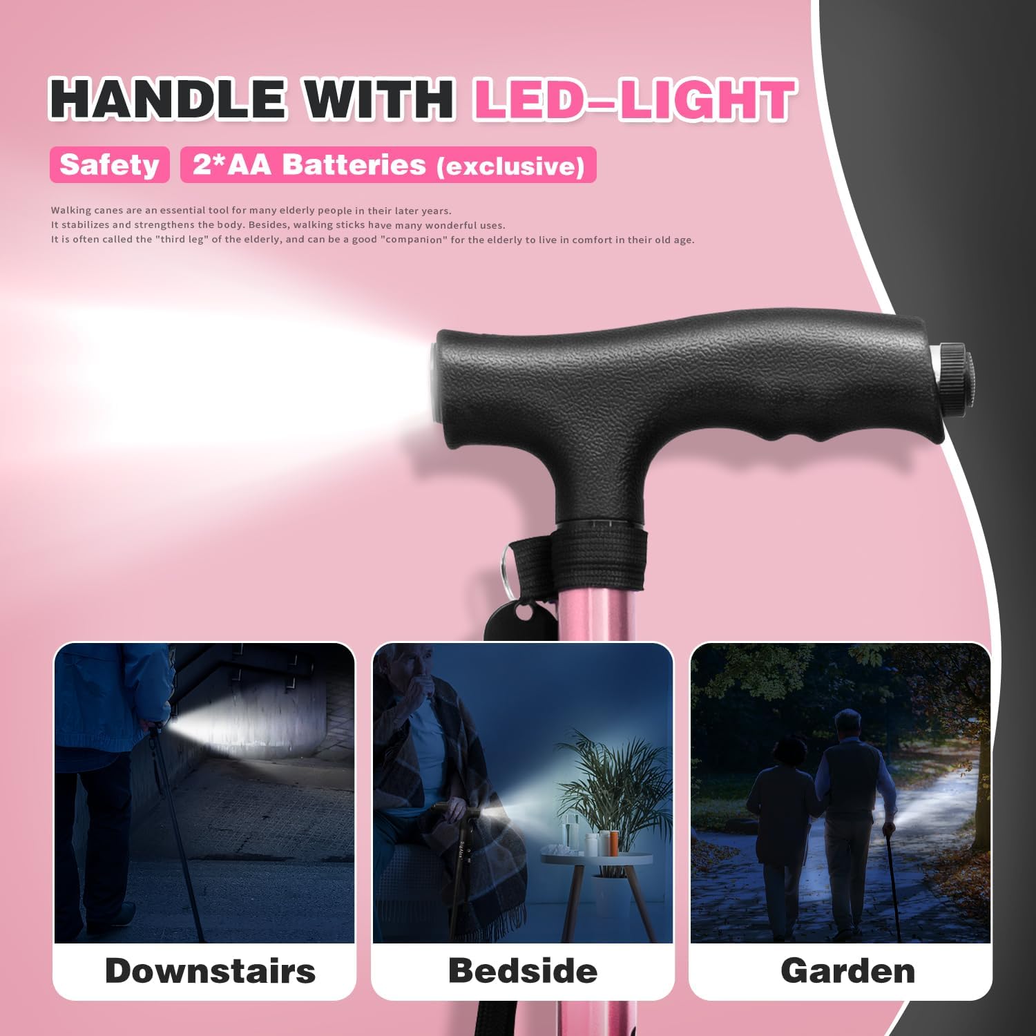 BigAlex Folding Walking Cane with LED Light, Pivoting Quad Base, Adjustable Handle Bag

