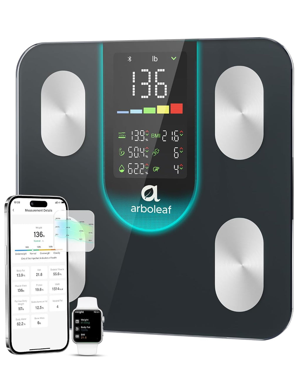 arboleaf Smart Scale Body Weight & Fat, 4-Electrode BIA Digital Bathroom Scale


