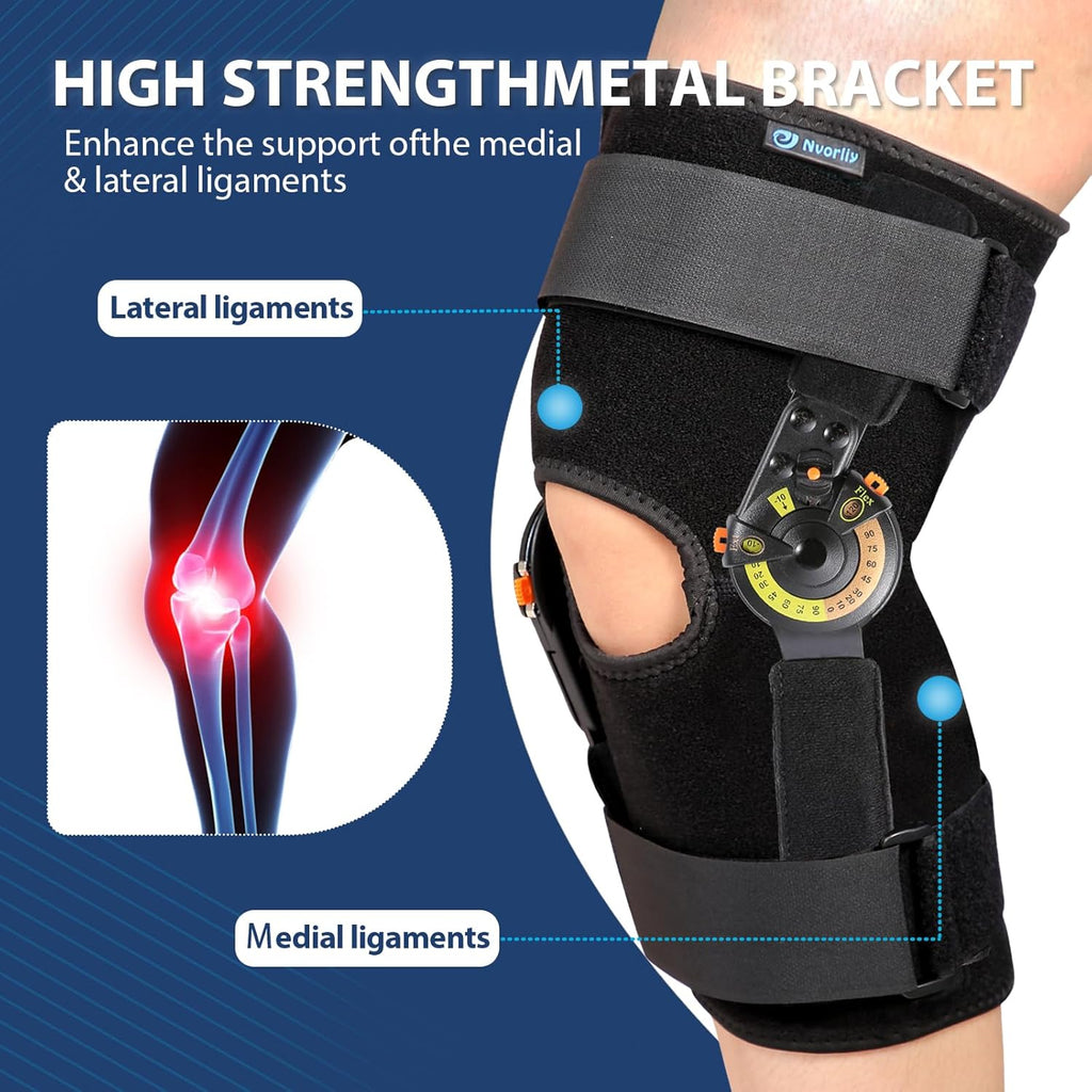 Nvorliy Hinged ROM Knee Brace with Side Stabilizers and Locking Dials

