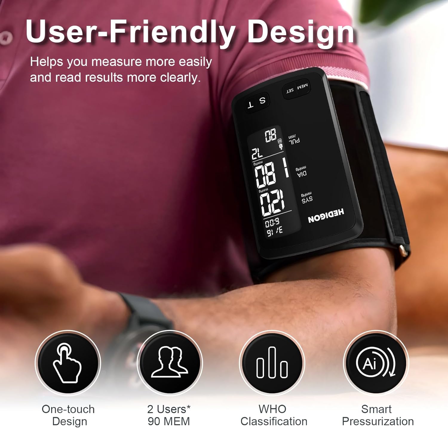 Upper Arm Blood Pressure Monitor with Large Cuff, Digital LCD, Rechargeable


