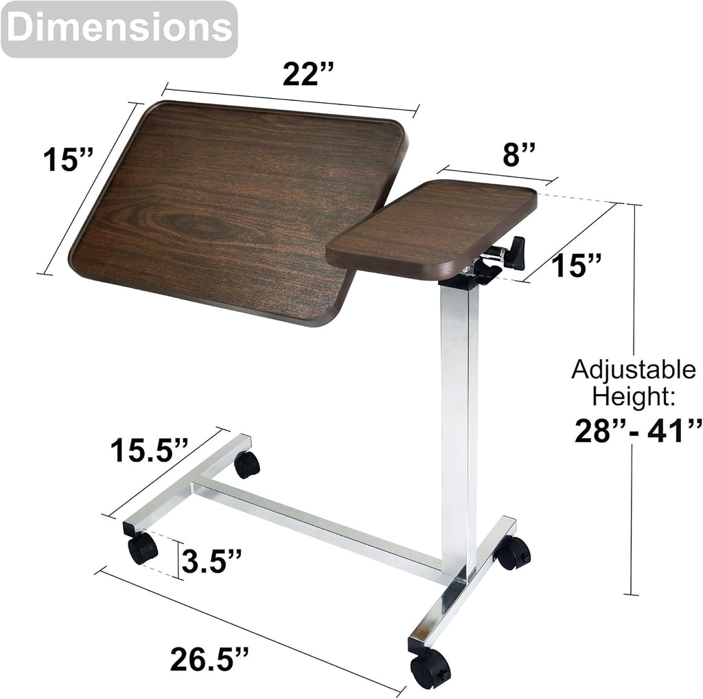 Vaunn Medical Pneumatic Adjustable Tilt Overbed Bedside Table with Wheels

