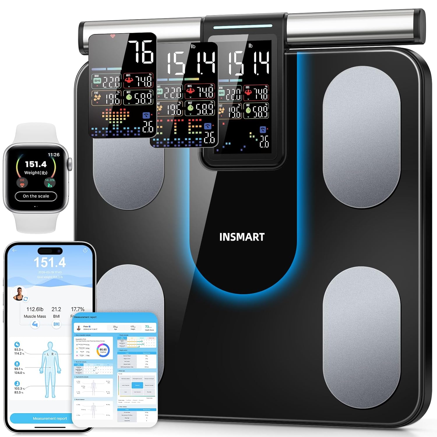 INSMART Smart Body Composition Scale with BMI, Body Fat, Muscle Mass, 8-Electrode

