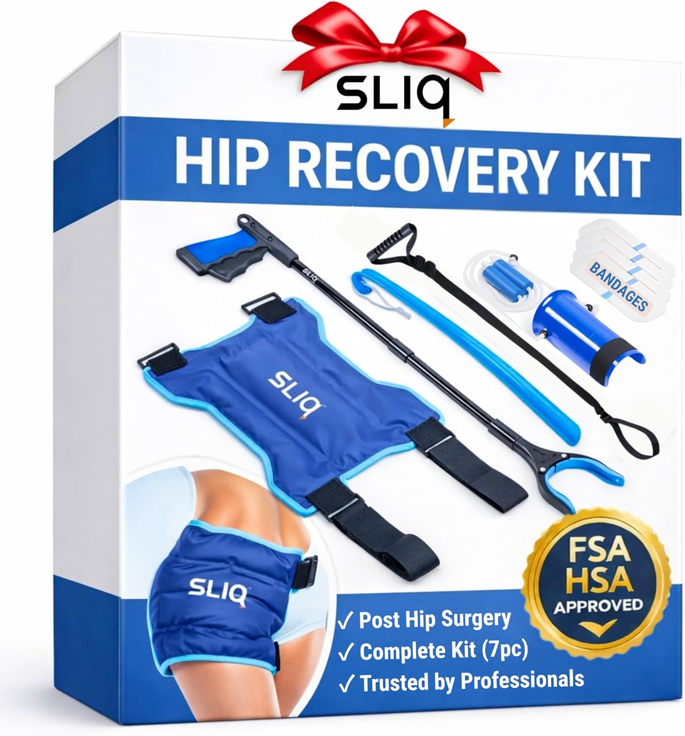 Sliq Hip Surgery Recovery Kit for Seniors, Ice Pack, Grabber, Sock Aid & Leg Lifter

