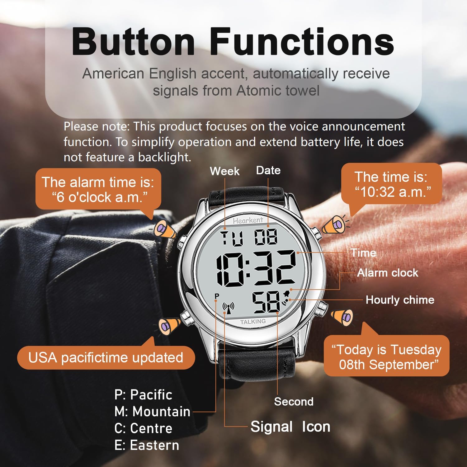 Hearkent Digital Talking Watch English, US Signal Auto Time & Date, Big Display

