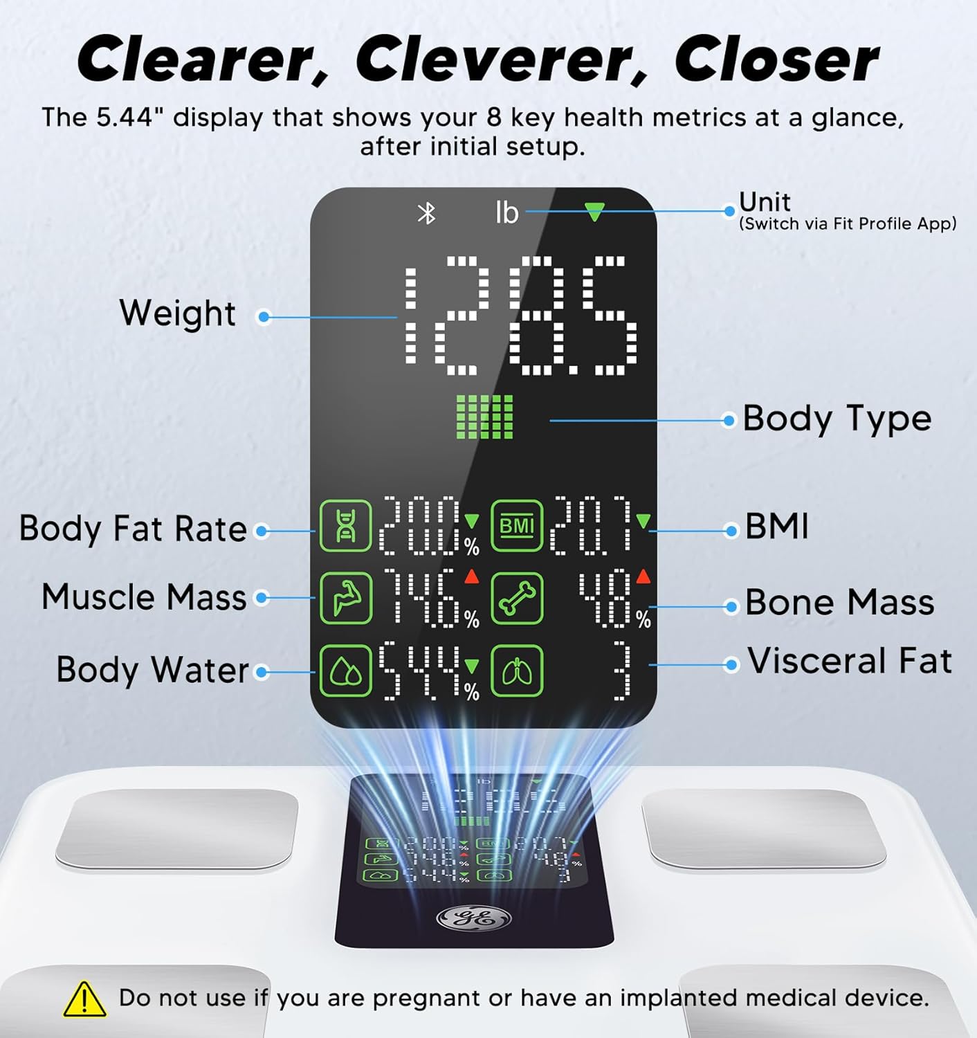 GE Smart Body Weight Scale with 8-in-1 Display, 14-Metric Composition Analysis


