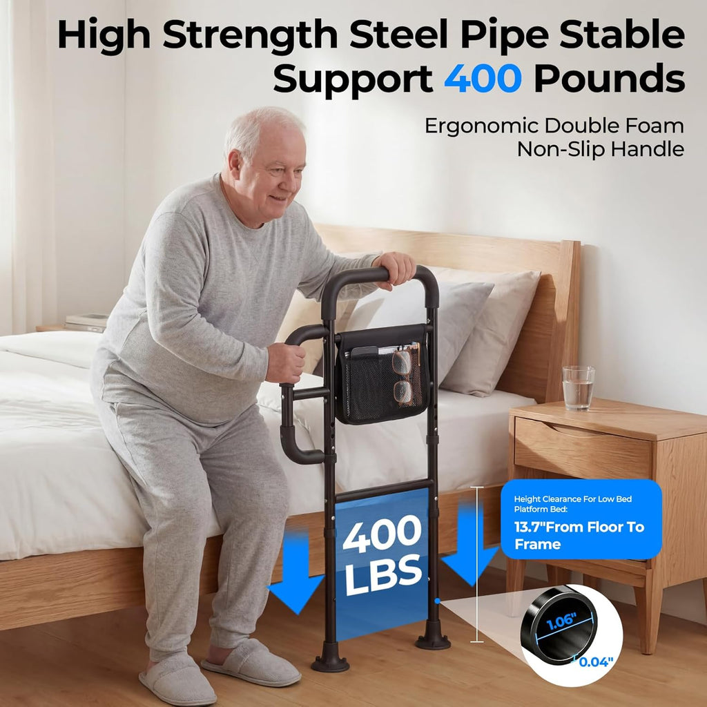Portable Bed Assist Rail for Seniors, Non-Slip Grab Bar with Storage Pouch

