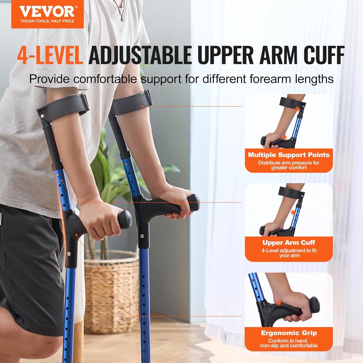 VEVOR Forearm Crutches for Adults, Height Adjustable Walking Crutches, 1 Pair

