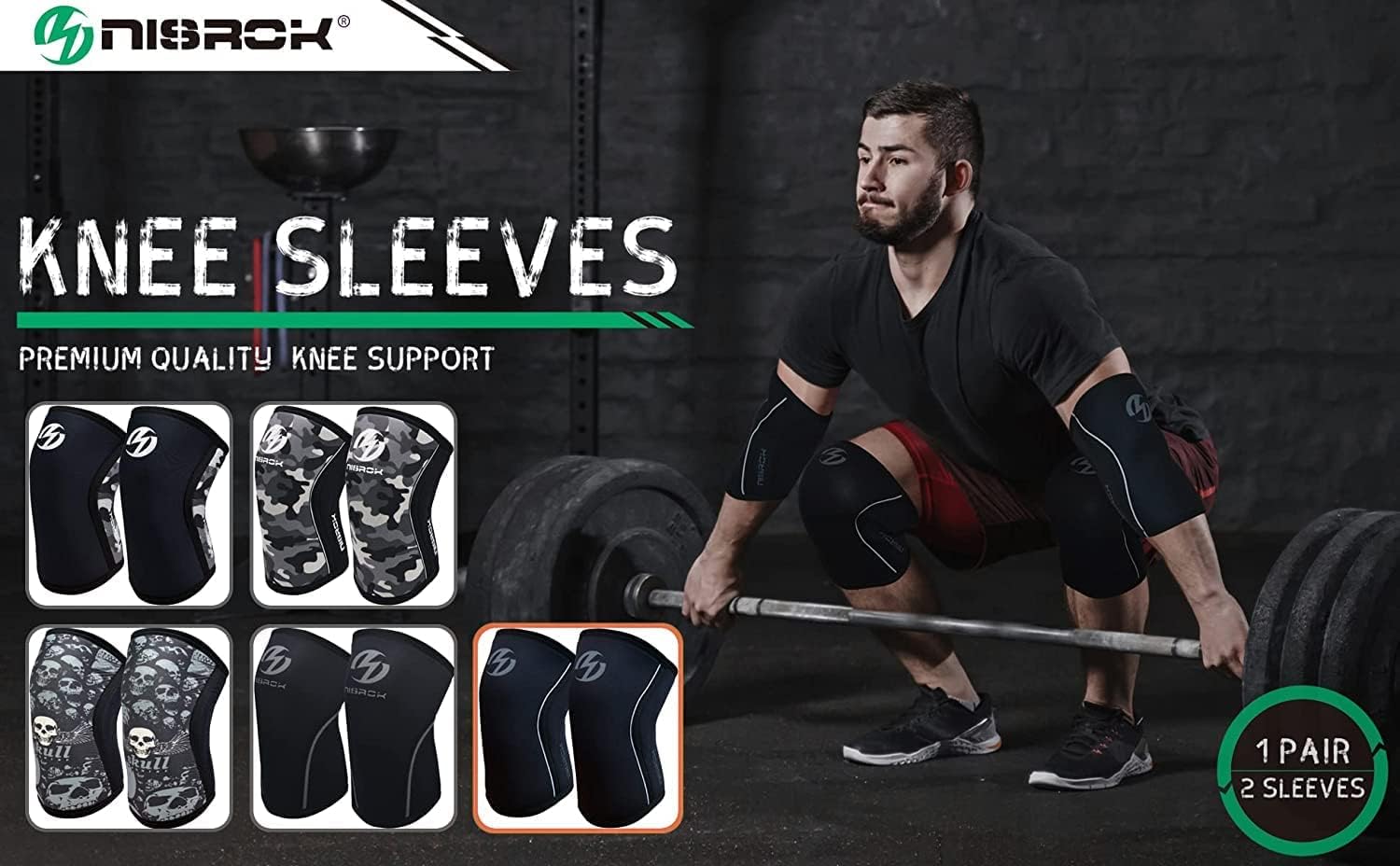 Nisrok 7mm Neoprene Compression Knee Sleeves, Support for Weightlifting & Sports

