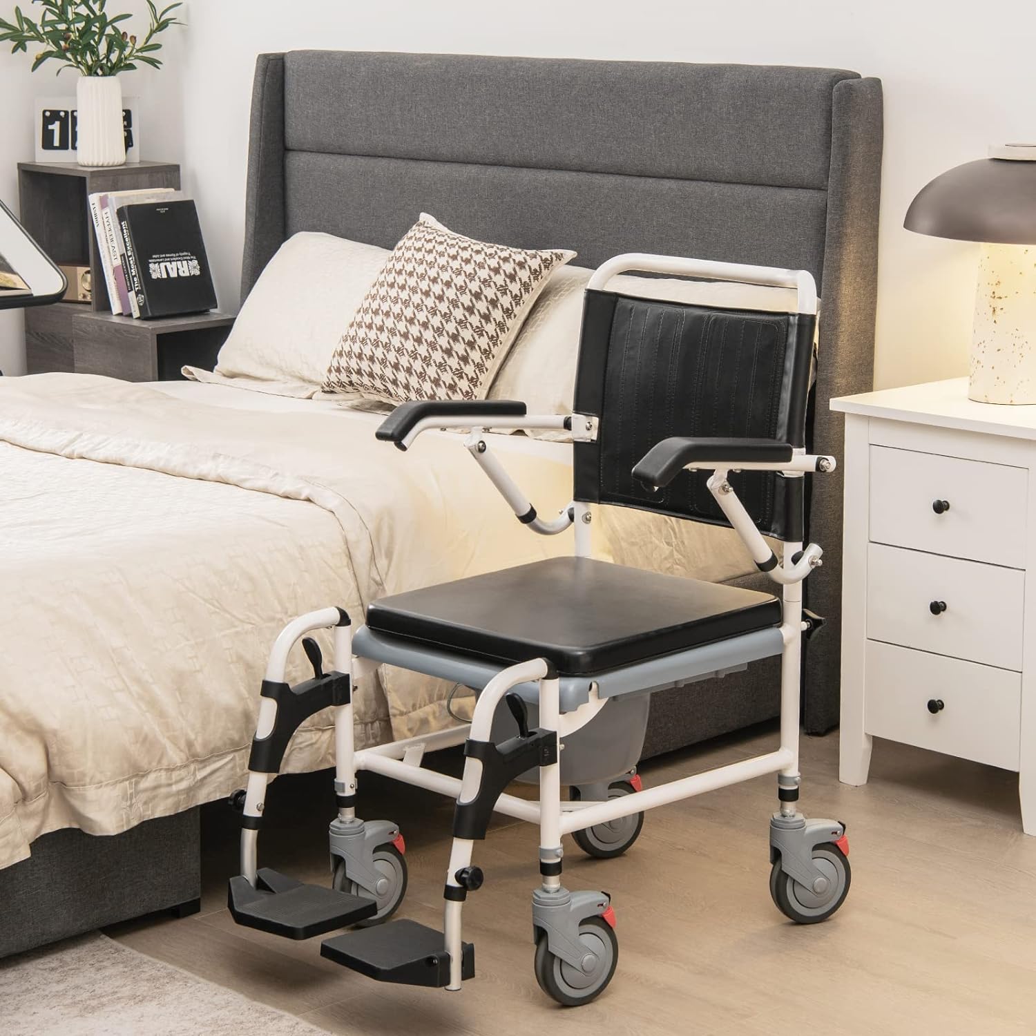 Giantex 4-in-1 Bedside Commode Shower Wheelchair Chair with Arms and Locking Wheels

