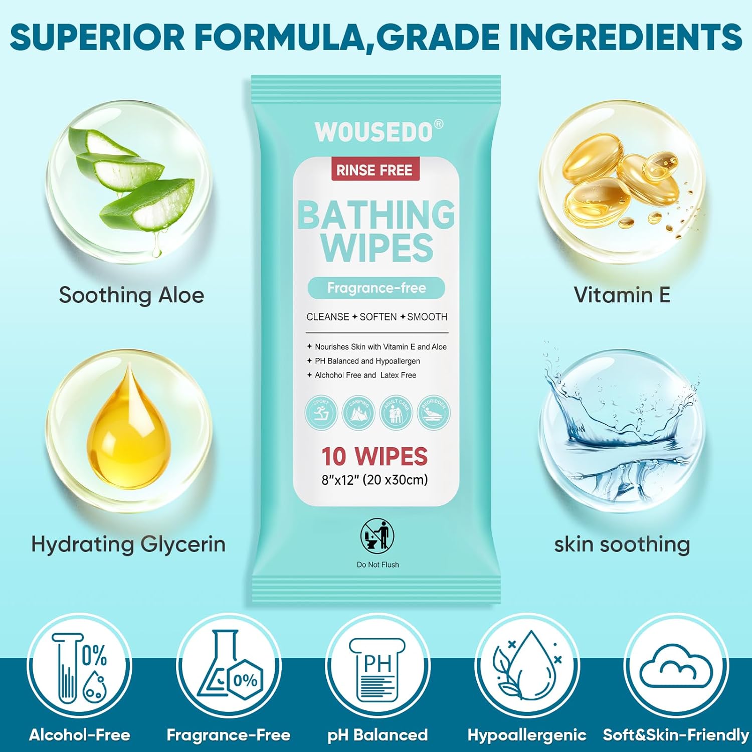 No Rinse Bathing Wipes for Adults, Extra Thick Disposable Shower Wipes, Hypoallergenic


