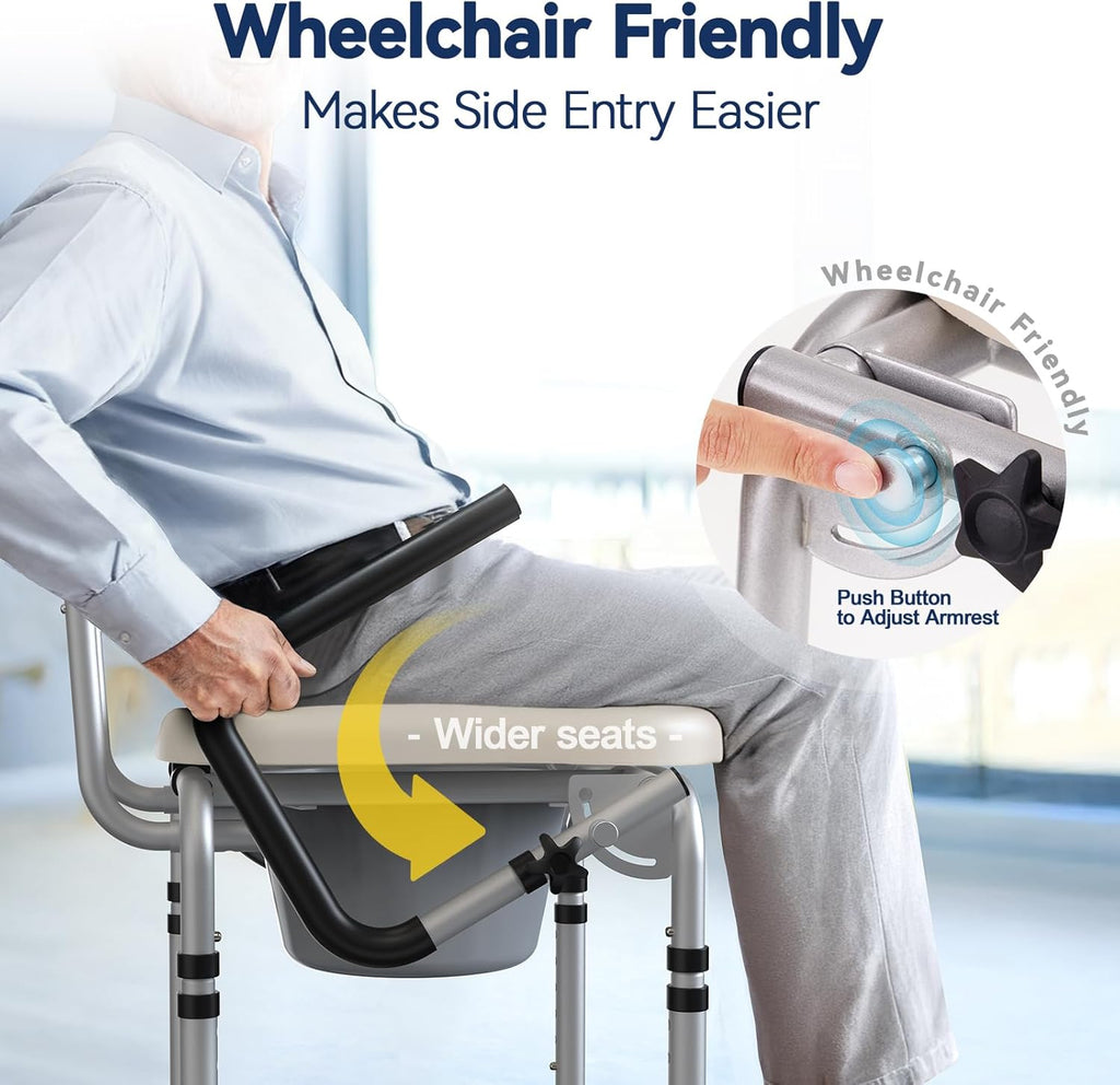 Drop-Arm Bedside Commode with Padded Seat and Backrest, 400 lb Portable Toilet

