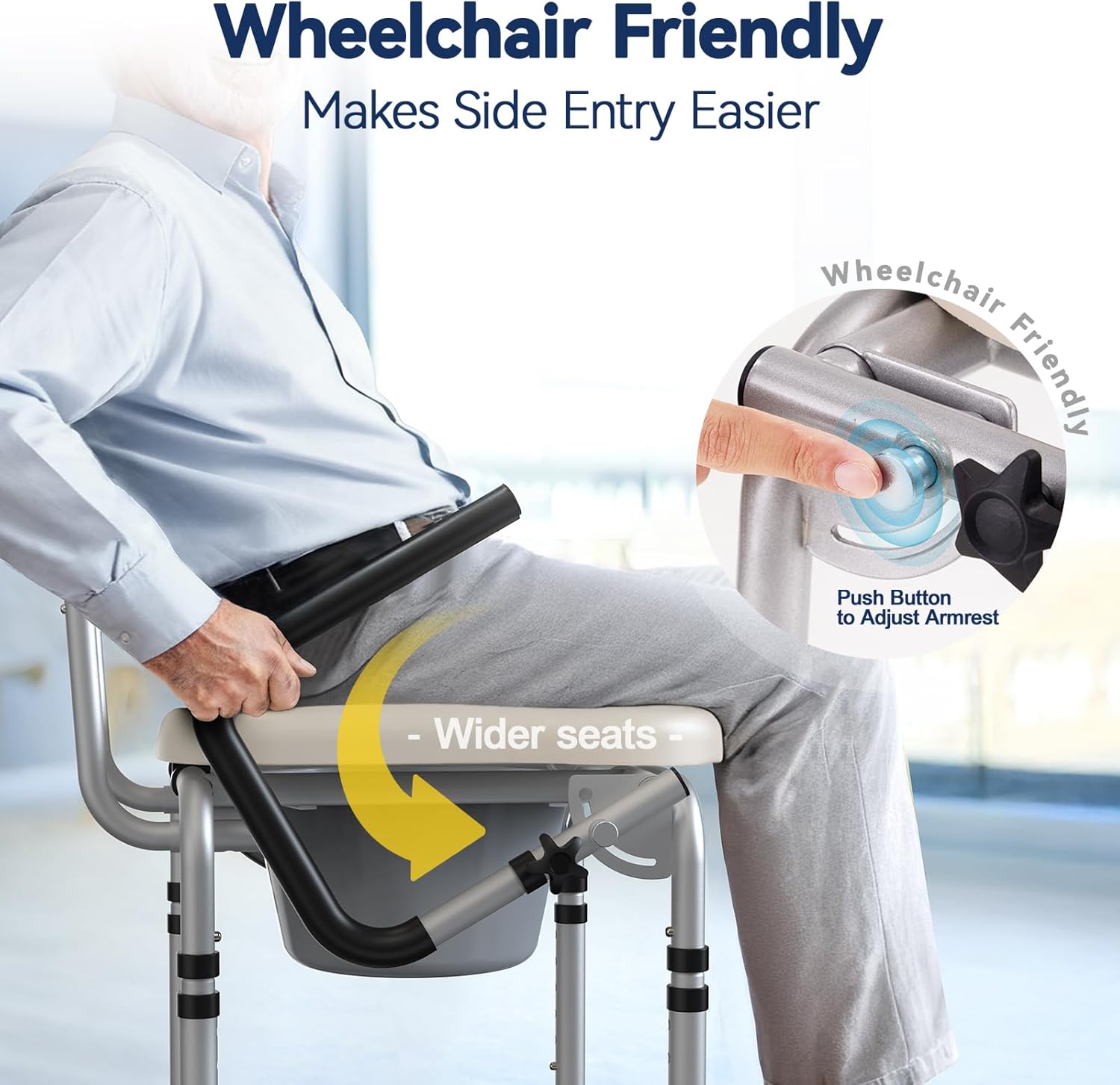 Drop-Arm Bedside Commode with Padded Seat and Backrest, 400 lb Portable Toilet

