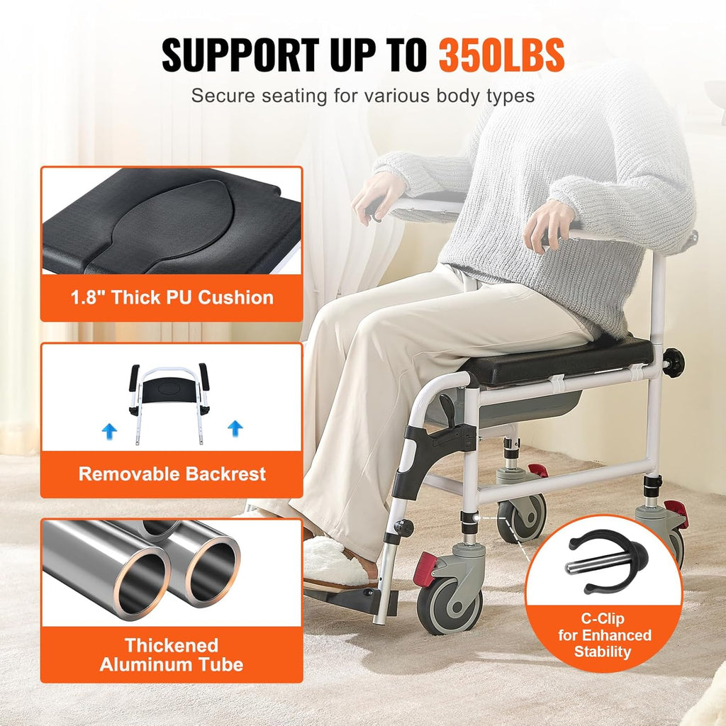 VEVOR 4-in-1 Shower Commode Wheelchair with Removable Bucket, Flip-Up Arms, 350 lbs

